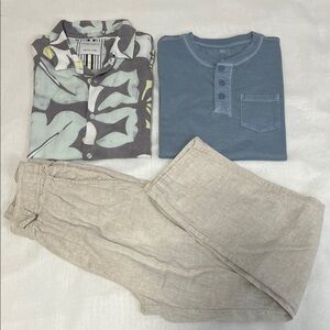 Boys 10-11Y Linen Blend Pants Cotton T-shirt and 100% Rayon Bottom Down Shirt